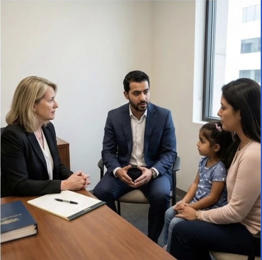 An interpreter facilitating communication during a legal consultation with a family