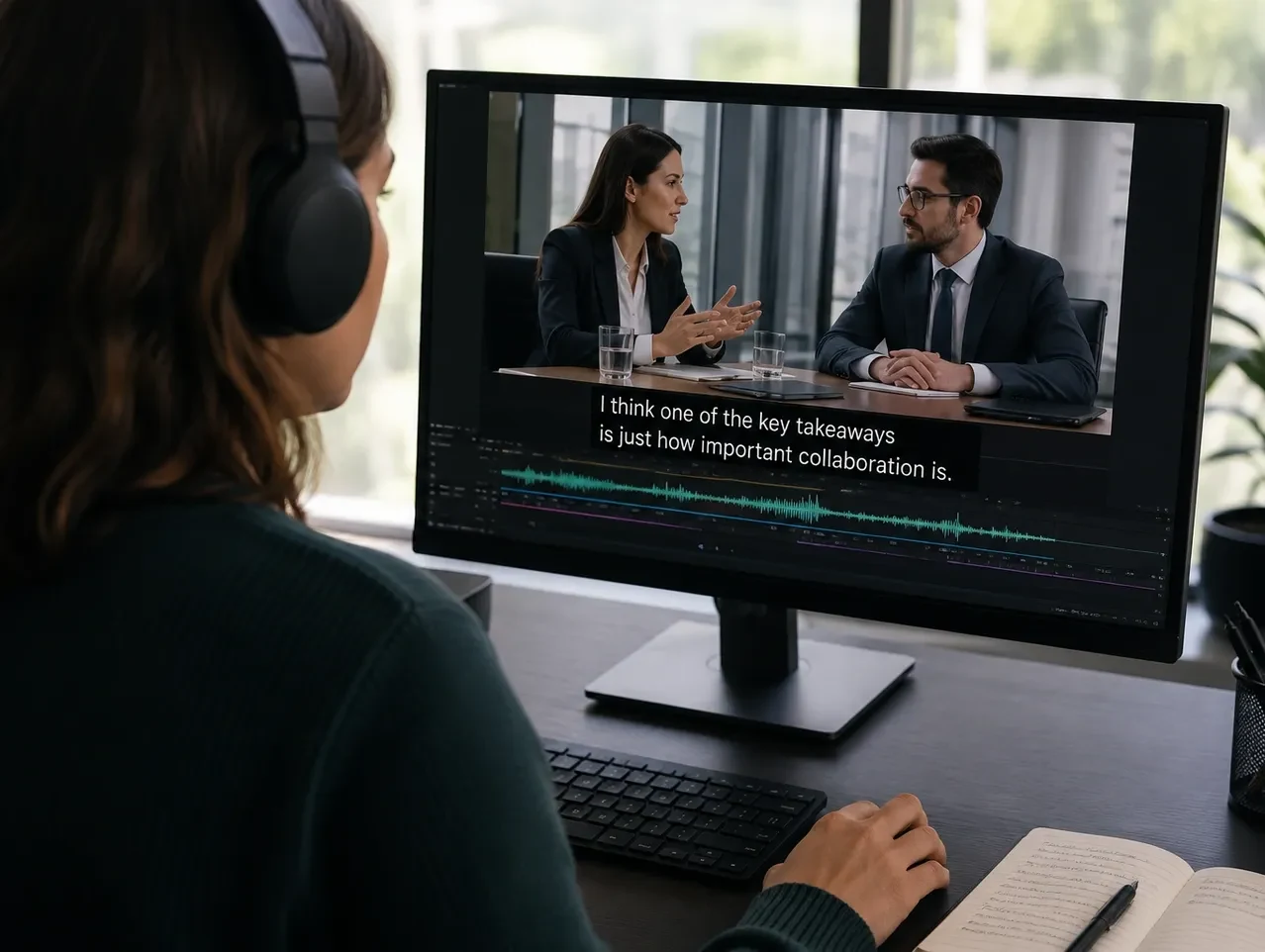 A legal media specialist reviewing captions against recorded professional testimony