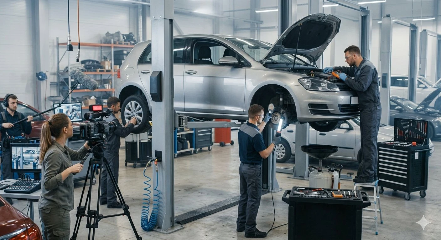A legal videographer documenting a vehicle inspection in a professional automotive facility