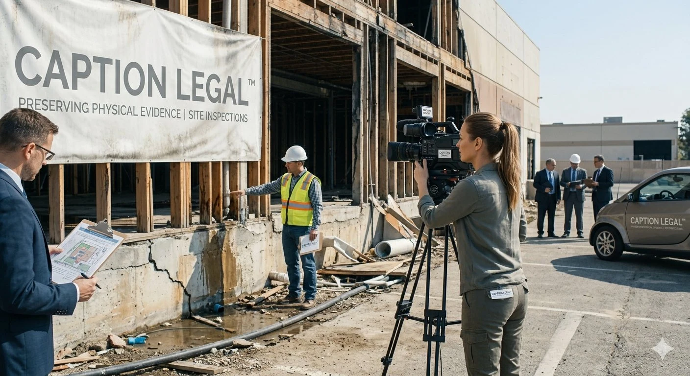 A legal videographer documenting structural conditions during a commercial property inspection