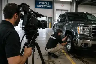 A videographer recording a hands-on vehicle inspection