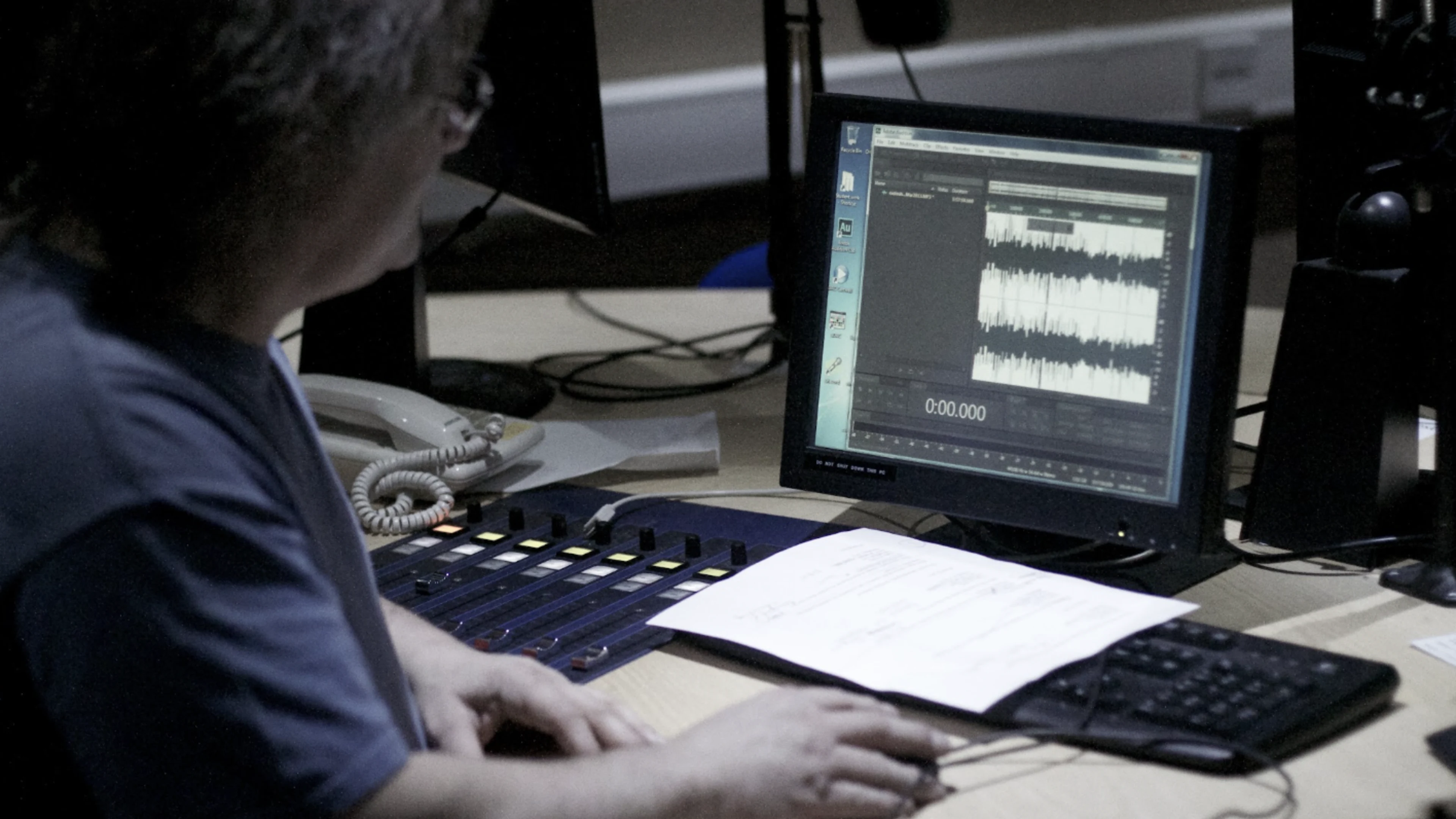 An audio editor refining spoken testimony at a legal media workstation
