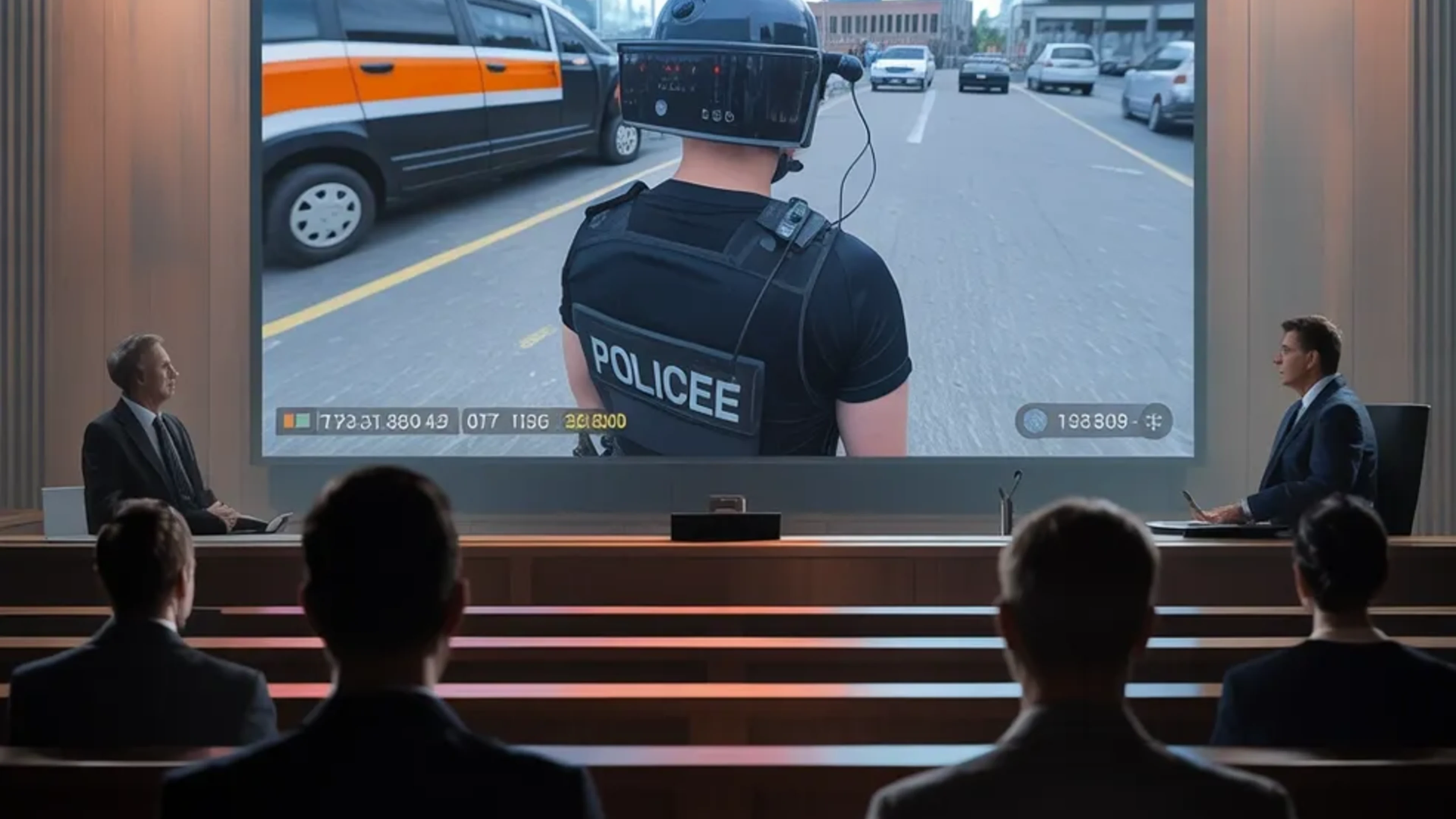 A courtroom reviewing prepared legal video evidence on a presentation screen