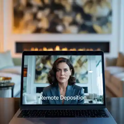 Laptop displaying a witness in a remote deposition