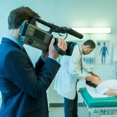 Legal videographer recording a physician examining a patient