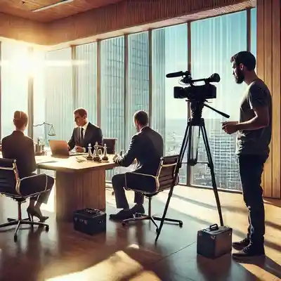 Legal videographer recording an in-person deposition in a conference room