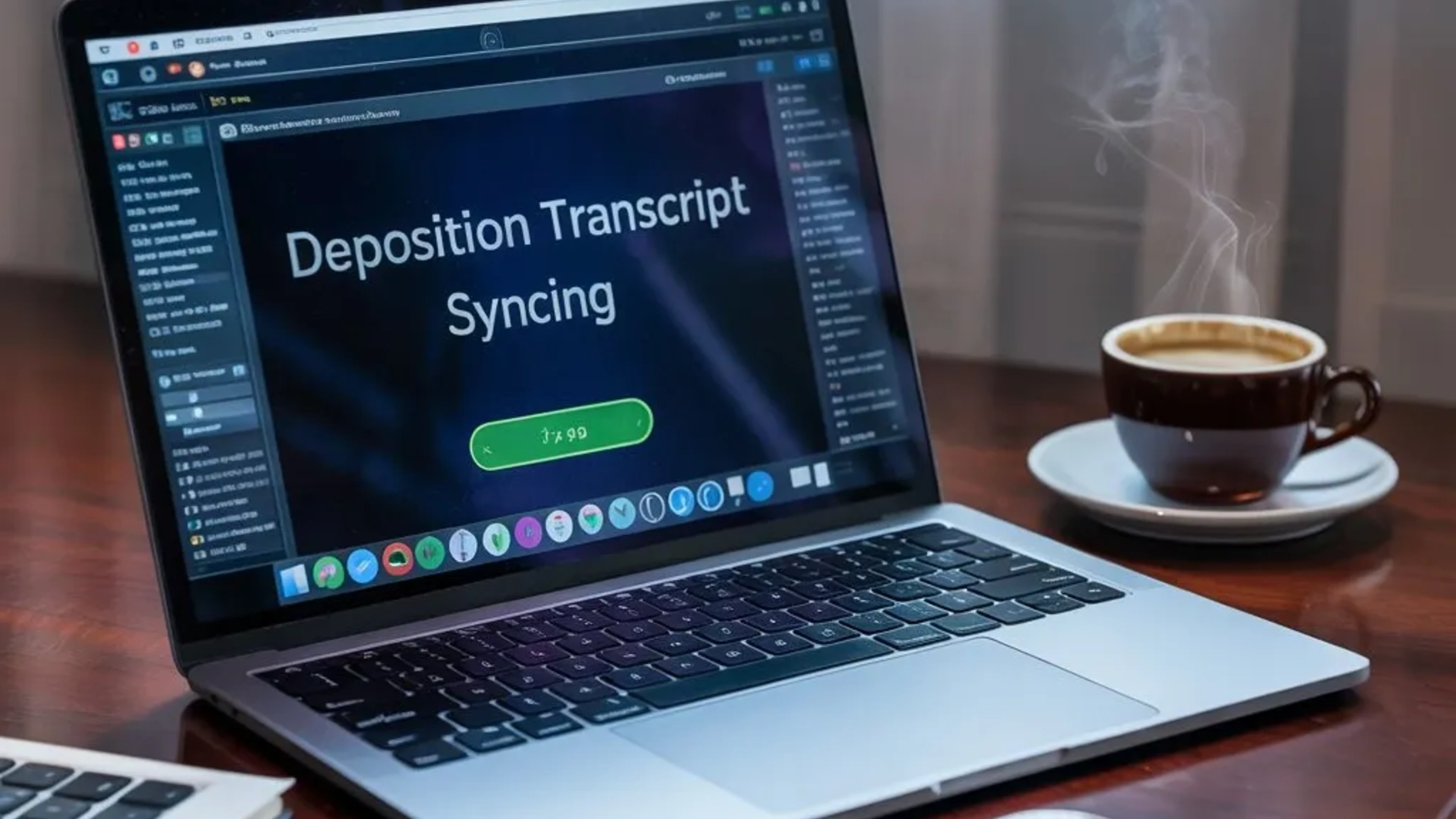 A laptop displaying a deposition transcript synchronization workflow