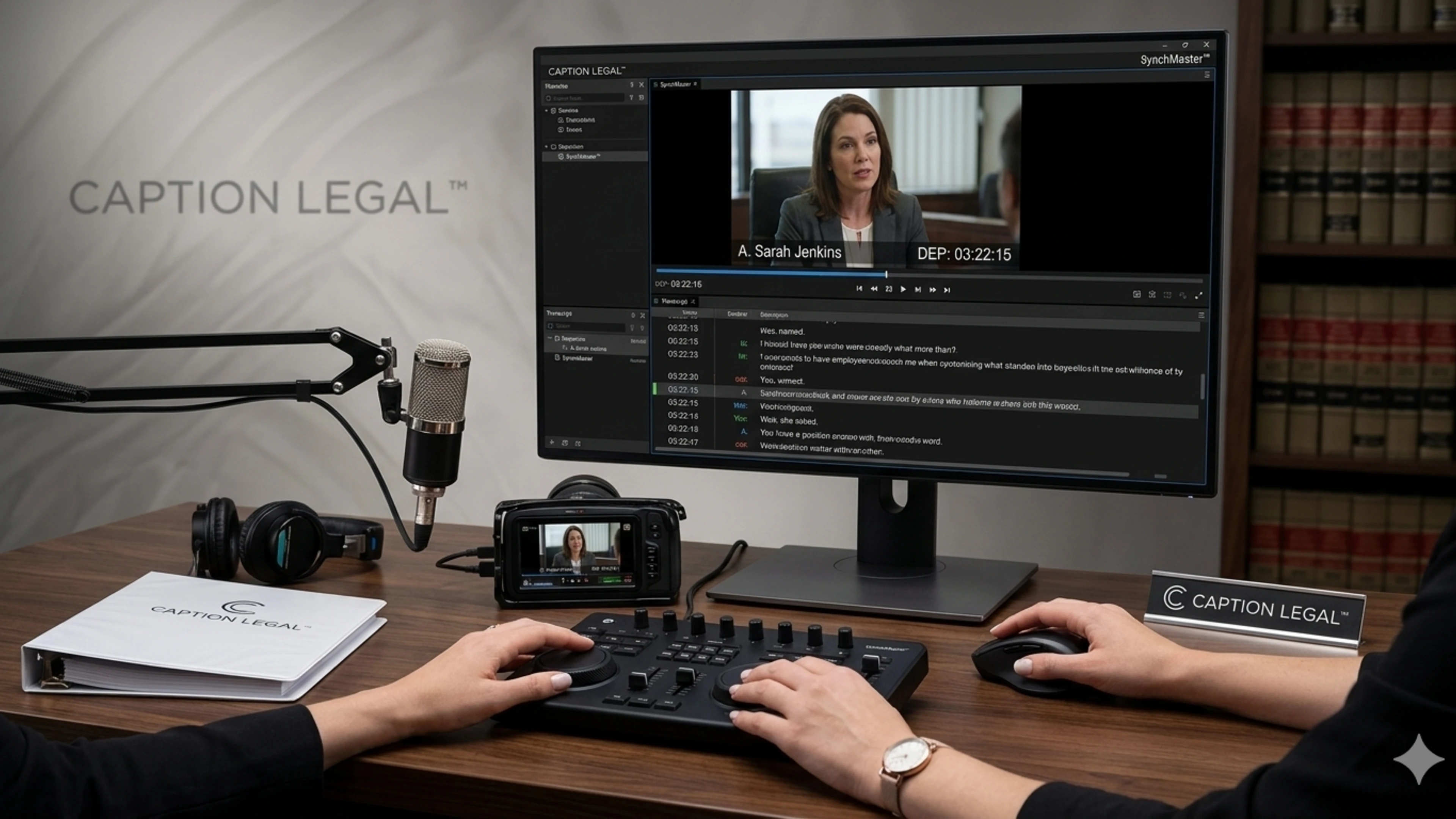 A legal media specialist synchronizing deposition video with a transcript at a professional workstation