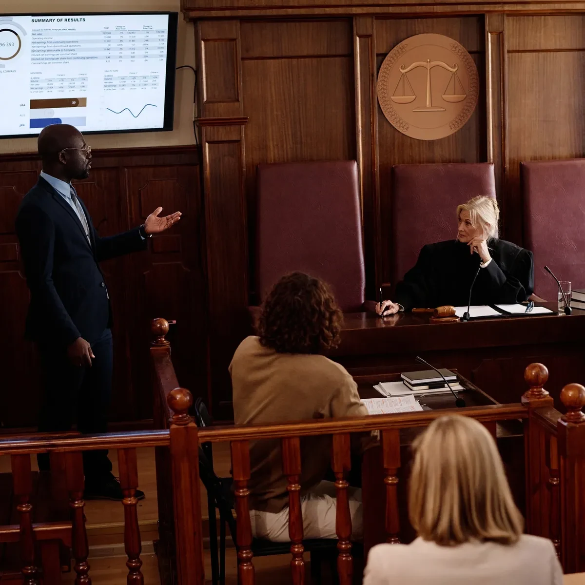 An attorney presenting visual evidence in court with trial technology support
